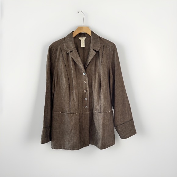 J.Jill Jackets & Blazers - J.Jill Womens Brown Linen Blend Button Front Blazer Jacket Blanket Stitch Size M